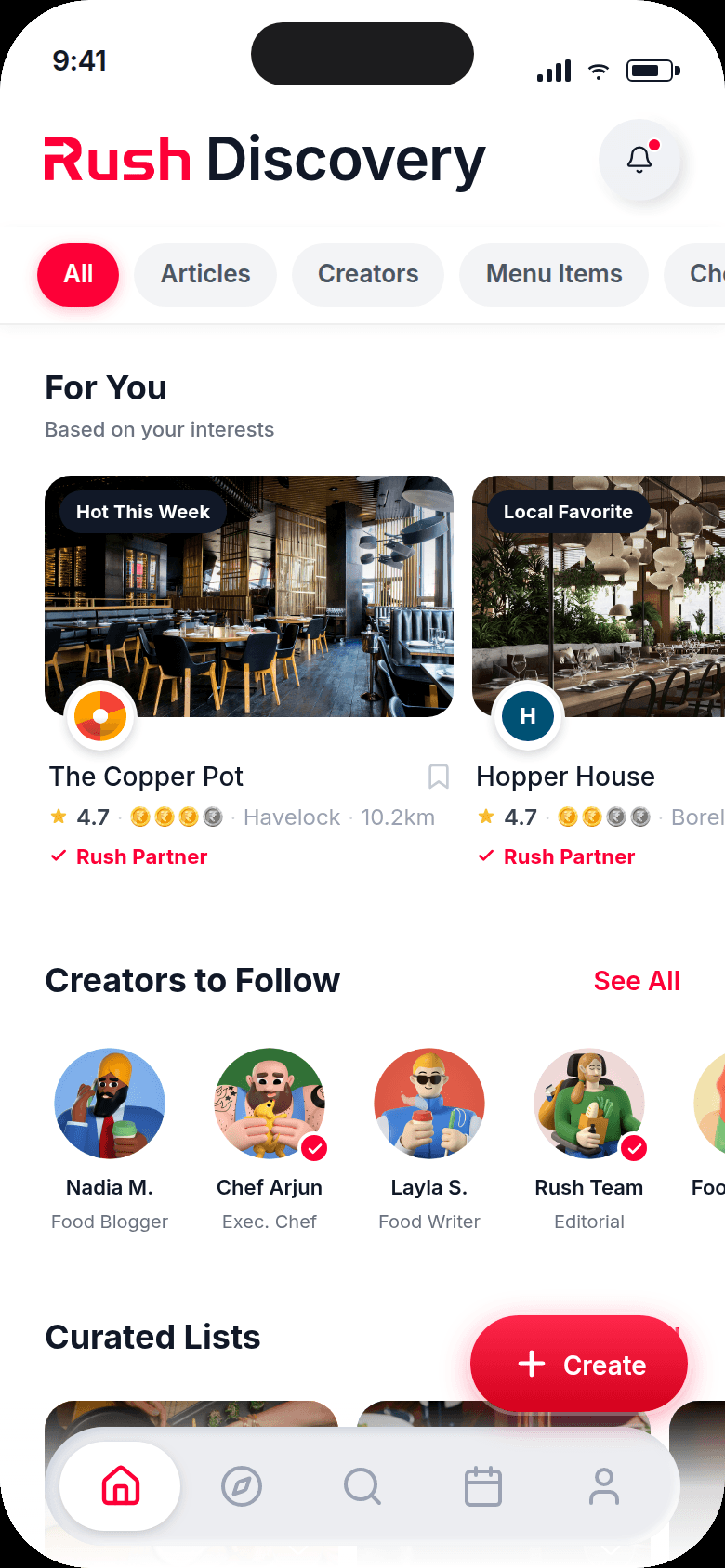 Rush Discovery feed with restaurants picked for you, creators to follow and curated lists