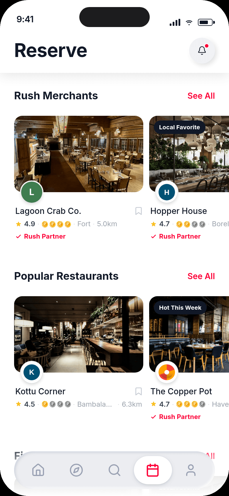 Rush app Reserve screen listing Rush Partner restaurants