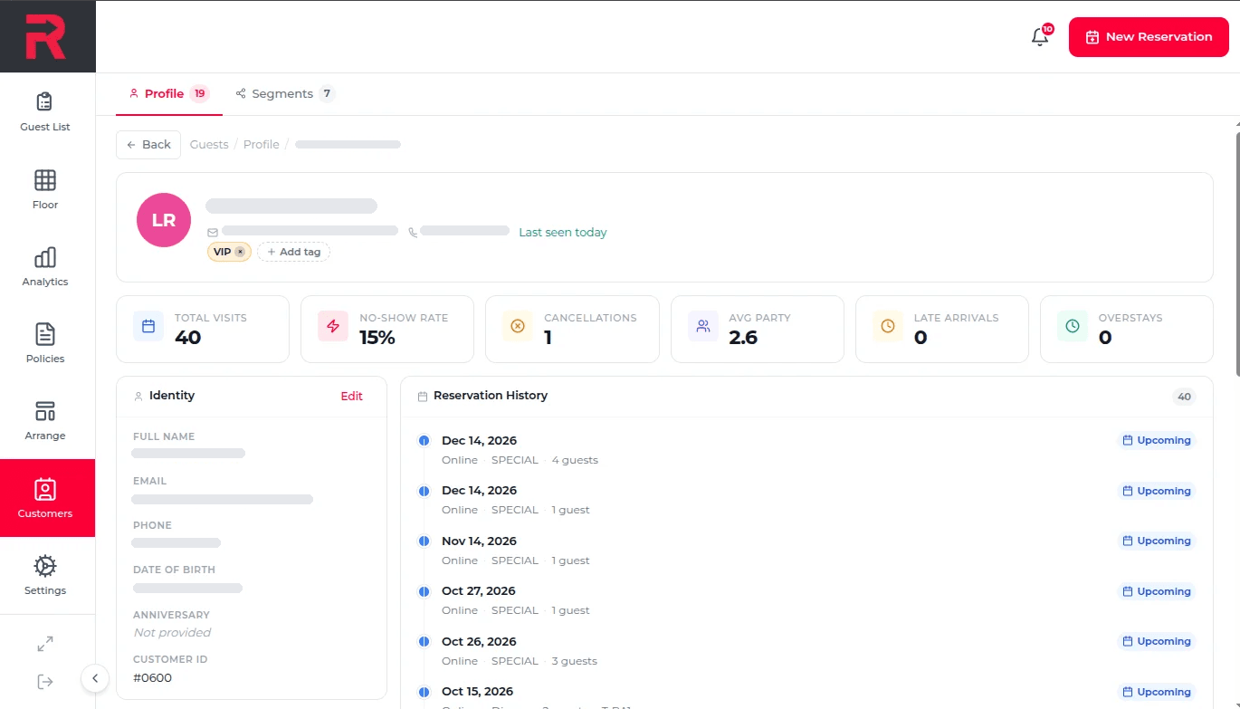 Rush guest profile showing total visits, no-show rate, cancellations, average party size, a VIP tag and the guest's reservation history