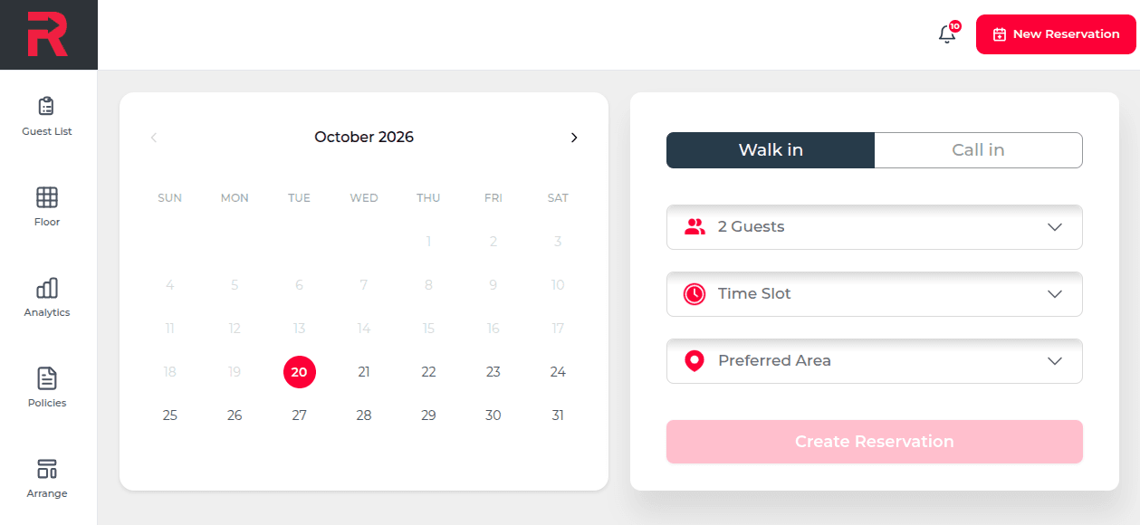 Rush restaurant dashboard adding a walk-in or call-in booking: pick a date, party size, time slot and preferred area