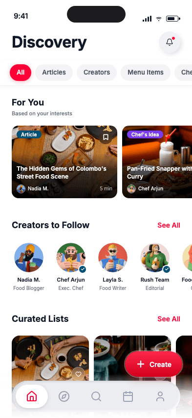 Rush app showing the Discovery feed with curated restaurant picks