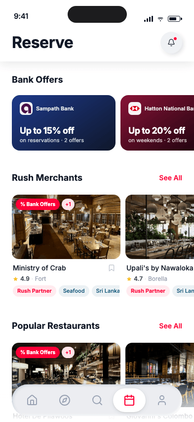 Rush app showing the Reserve screen with bank offers and partner restaurants