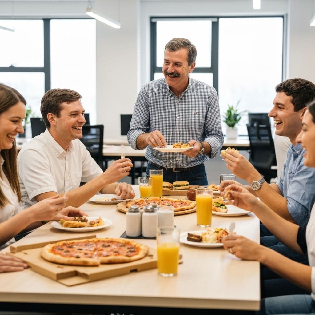 Friends gathered around a table, sharing a meal and laughing together